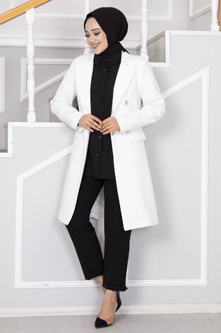 Cep Detaylı Tesettür Ceket Beyaz - Thumbnail