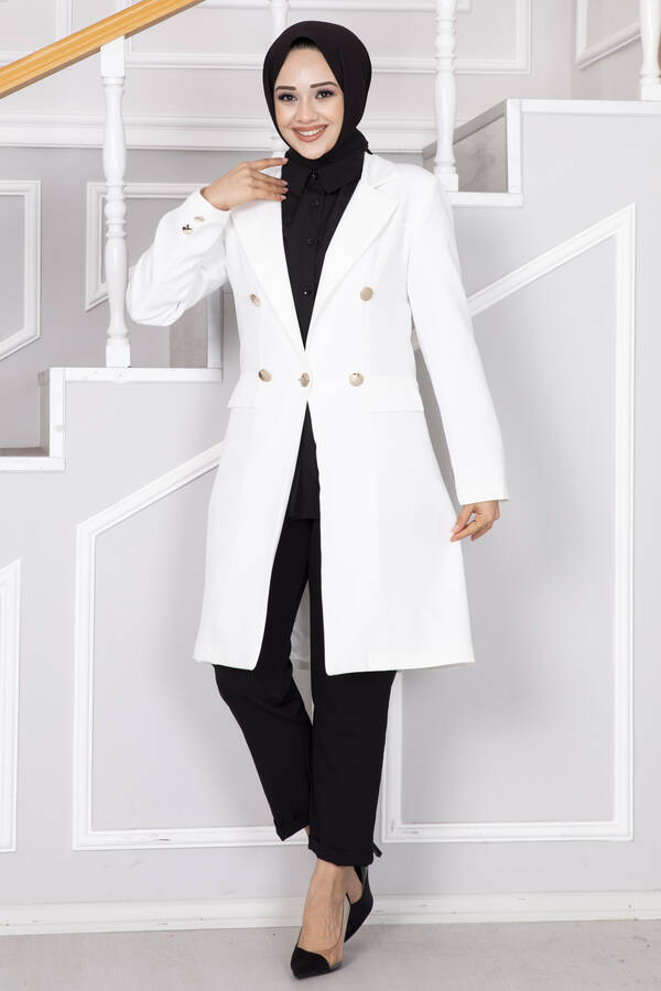 Cep Detaylı Tesettür Ceket Beyaz