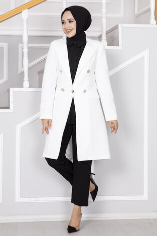 Cep Detaylı Tesettür Ceket Beyaz - Thumbnail