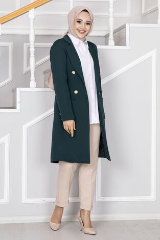 Cep Detaylı Tesettür Ceket Petrol - Thumbnail