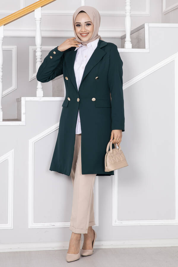 Cep Detaylı Tesettür Ceket Petrol