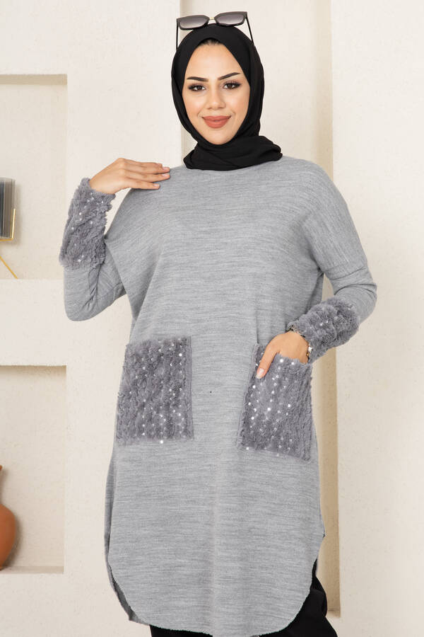 E - Cepleri Pullu Tesettür Tunik Gri (1)