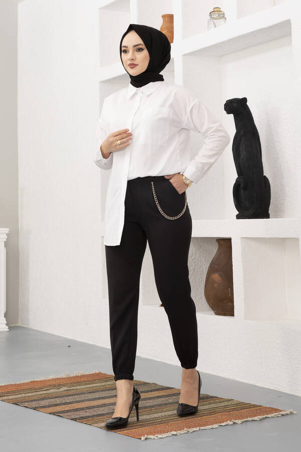 Cepli Zincir Detaylı Tesettür Pantolon Siyah
