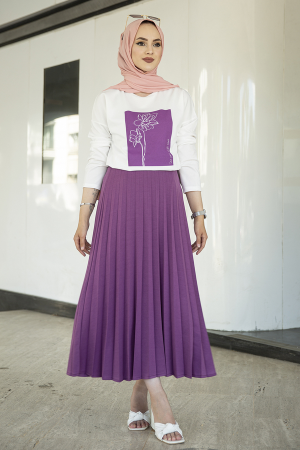 SB - Çiçek Baskılı İkili Tesettür Takım 180SB-8742 Mor