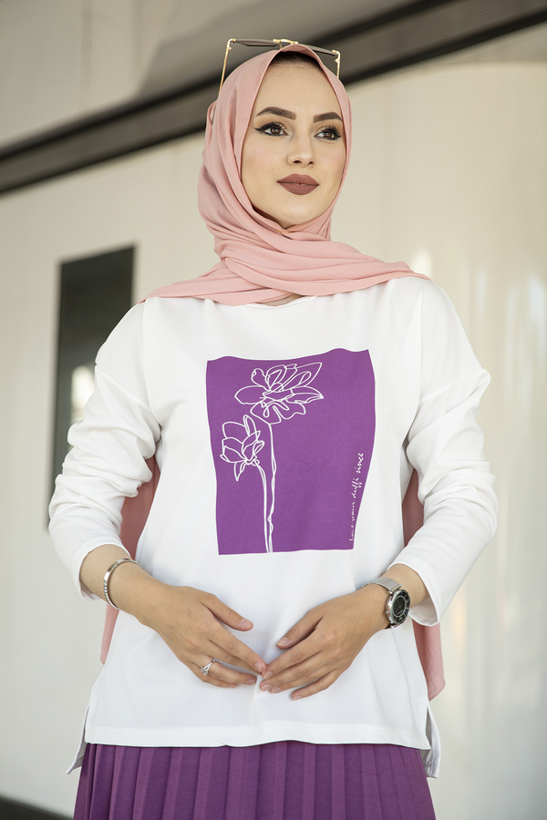 SB - Çiçek Baskılı İkili Tesettür Takım 180SB-8742 Mor (1)