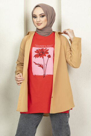 Çiçek Baskılı Tesettür Tshirt 120NY-3416 Kırmızı - Thumbnail
