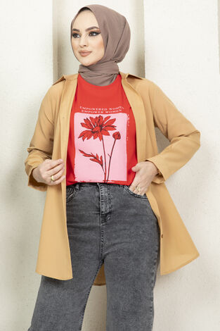 Çiçek Baskılı Tesettür Tshirt 120NY-3416 Kırmızı - Thumbnail