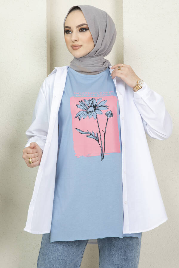 E - Çiçek Baskılı Tesettür Tshirt 120NY-3416 Mavi (1)