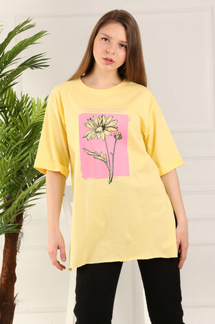 Çiçek Baskılı Tesettür Tshirt 120NY-3416 Sarı - Thumbnail