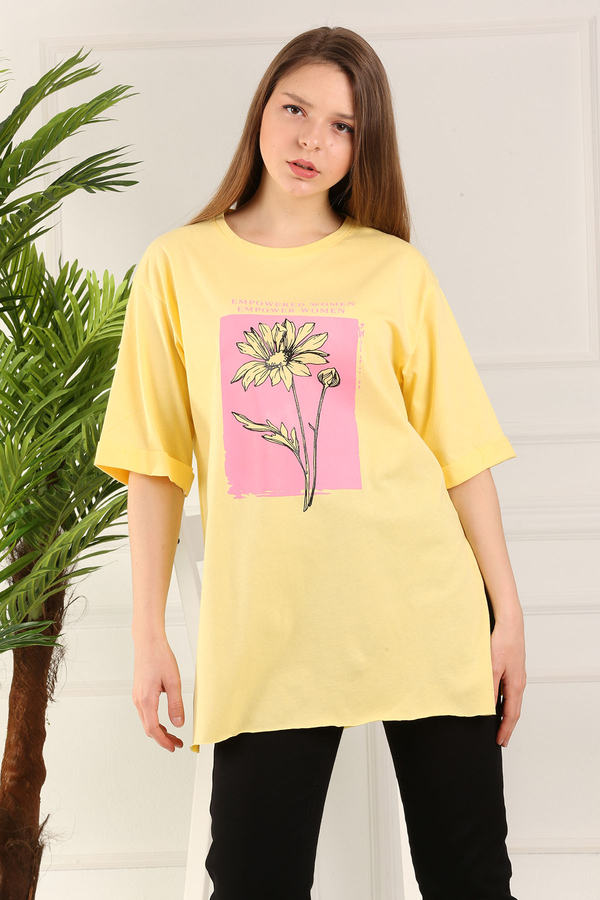Çiçek Baskılı Tesettür Tshirt 120NY-3416 Sarı