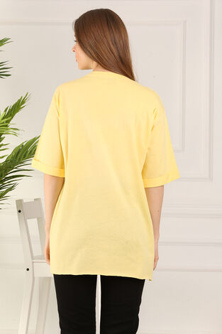 Çiçek Baskılı Tesettür Tshirt 120NY-3416 Sarı - Thumbnail