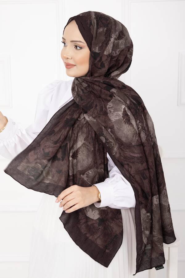 Msc - Çiçek Desen Bambu Şal Serisi Acı Kahve (1)