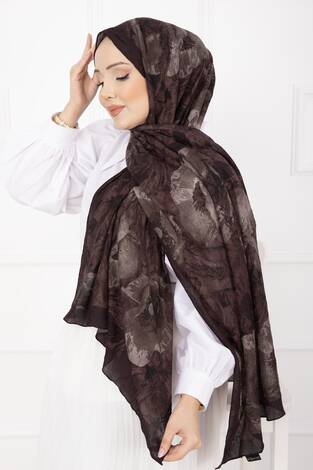 Çiçek Desen Bambu Şal Serisi Acı Kahve - Thumbnail