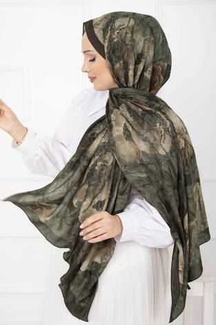 Çiçek Desen Bambu Şal Serisi Haki - Thumbnail