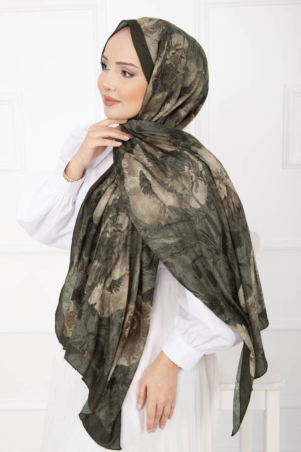 Msc - Çiçek Desen Bambu Şal Serisi Haki (1)