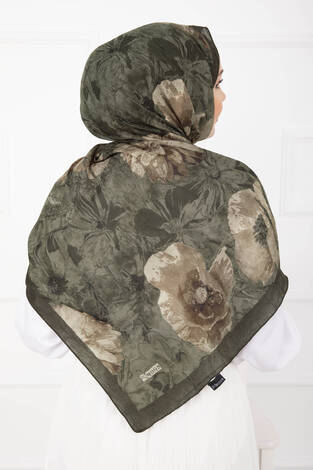 Çiçek Desen Bambu Şal Serisi Haki - Thumbnail