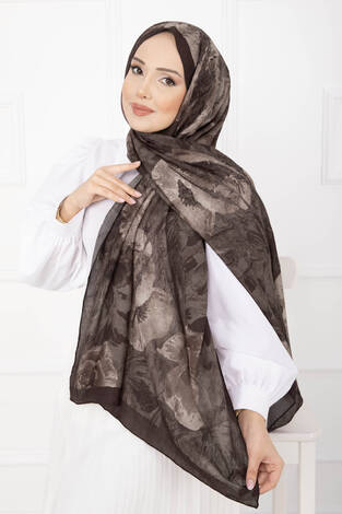 Çiçek Desen Bambu Şal Serisi Kahve - Thumbnail