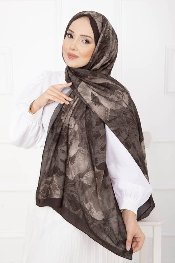 Msc - Çiçek Desen Bambu Şal Serisi Kahve (1)