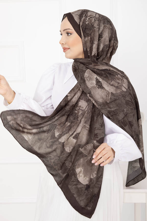 Msc - Çiçek Desen Bambu Şal Serisi Kahve