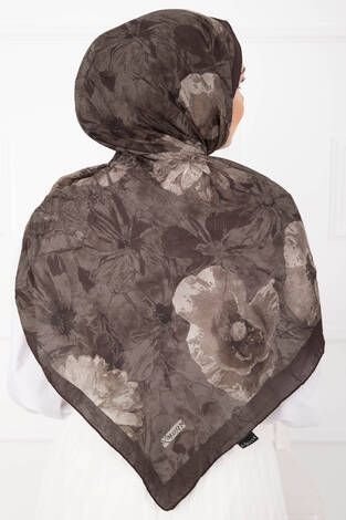 Çiçek Desen Bambu Şal Serisi Kahve - Thumbnail