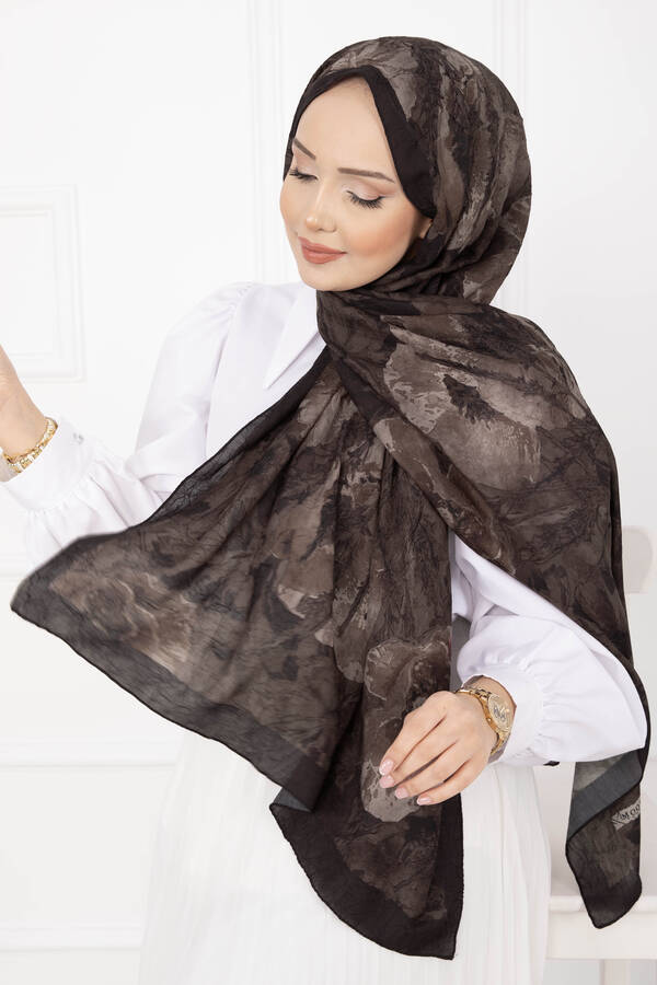 Msc - Çiçek Desen Bambu Şal Serisi Koyu Kahve