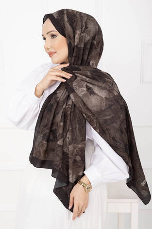 Çiçek Desen Bambu Şal Serisi Koyu Kahve - Thumbnail