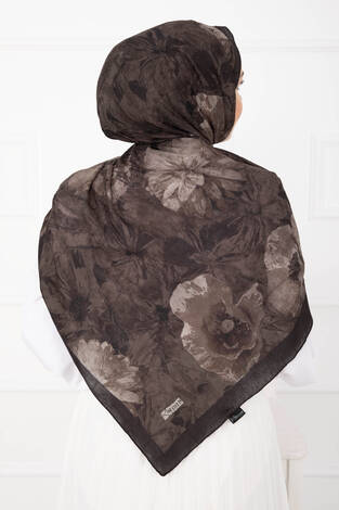 Çiçek Desen Bambu Şal Serisi Koyu Kahve - Thumbnail