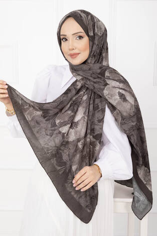 Çiçek Desen Bambu Şal Serisi Koyu Vizon - Thumbnail