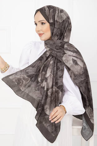 Çiçek Desen Bambu Şal Serisi Koyu Vizon - Thumbnail