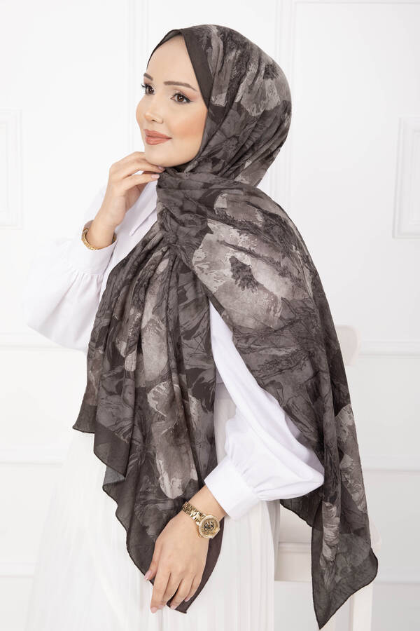 Msc - Çiçek Desen Bambu Şal Serisi Koyu Vizon (1)