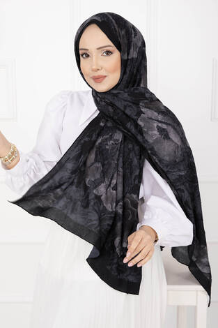 Çiçek Desen Bambu Şal Serisi Siyah - Thumbnail