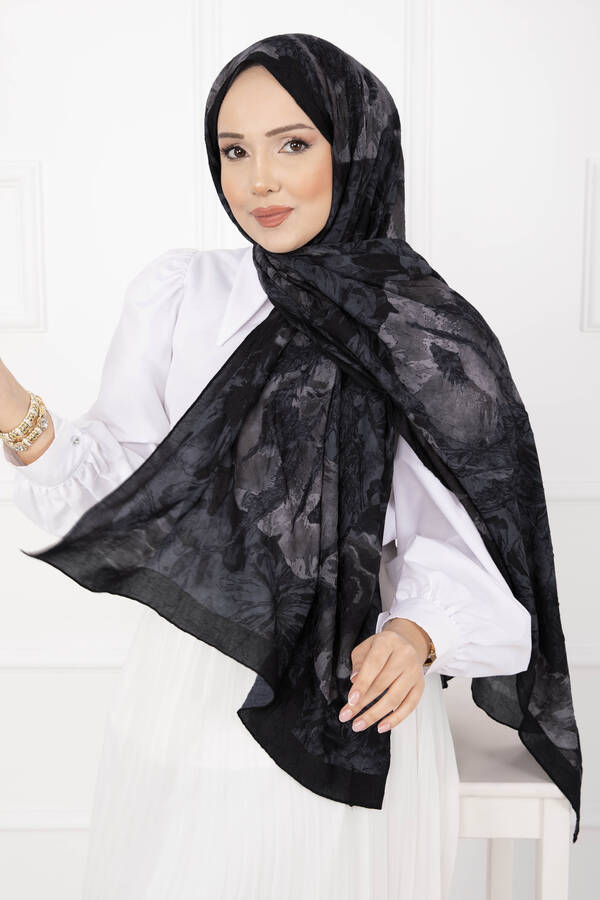 Msc - Çiçek Desen Bambu Şal Serisi Siyah