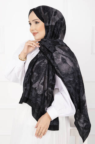 Çiçek Desen Bambu Şal Serisi Siyah - Thumbnail