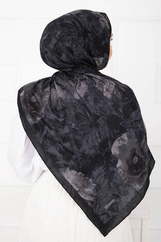 Çiçek Desen Bambu Şal Serisi Siyah - Thumbnail