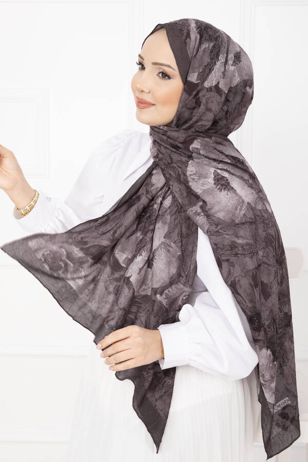 Msc - Çiçek Desen Bambu Şal Serisi Vizon