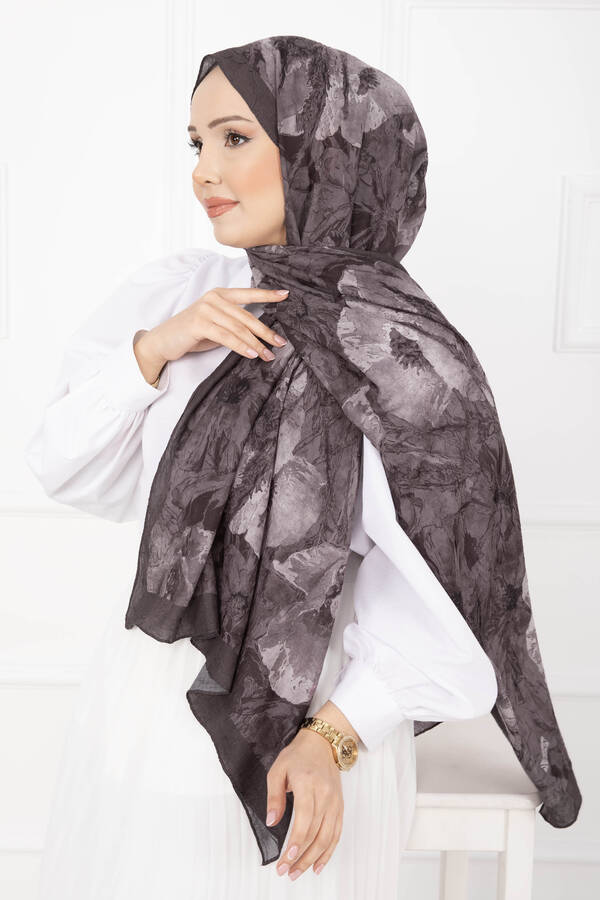 Msc - Çiçek Desen Bambu Şal Serisi Vizon (1)