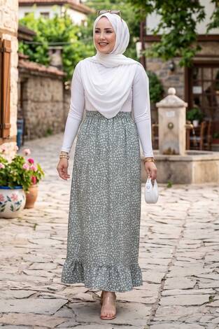 Çiçek Desen Beli Lastikli Etek Mint