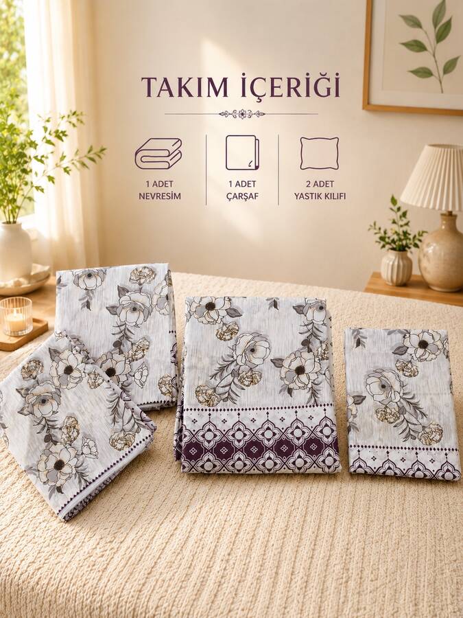 Çiçek Desen Çift Kişilik Nevresim Takımı Beyaz - 3