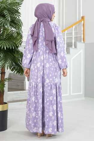 Adiva Çiçekli Tesettür Elbise Lila - Thumbnail