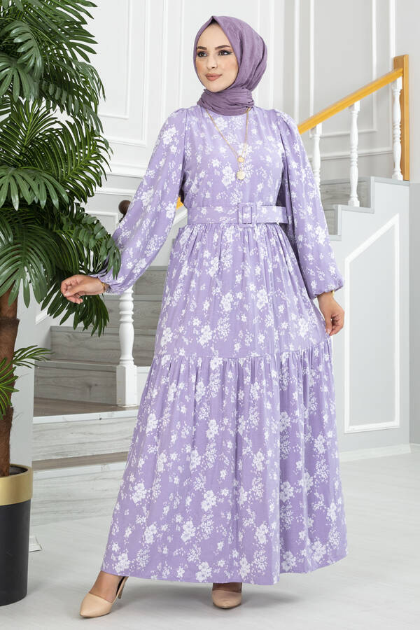 Adiva Çiçekli Tesettür Elbise Lila