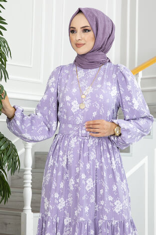 Adiva Çiçekli Tesettür Elbise Lila - Thumbnail