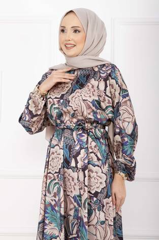 Çiçek Desen Kuşaklı Tesettür Elbise Bej - Thumbnail