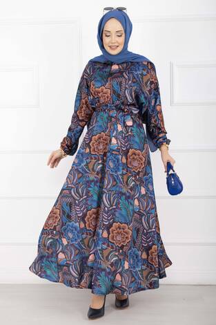 Çiçek Desen Kuşaklı Tesettür Elbise İndigo - Thumbnail
