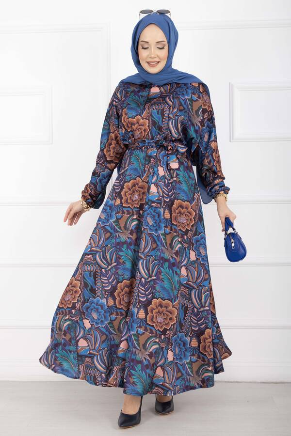 MD - Çiçek Desen Kuşaklı Tesettür Elbise İndigo