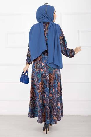 Çiçek Desen Kuşaklı Tesettür Elbise İndigo - Thumbnail