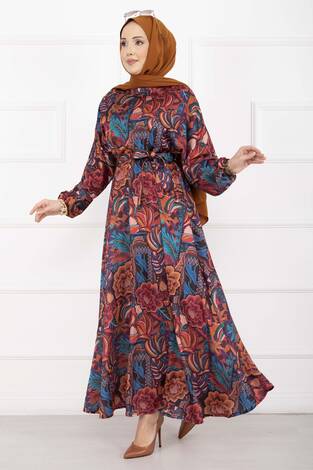 Çiçek Desen Kuşaklı Tesettür Elbise Kiremit - Thumbnail