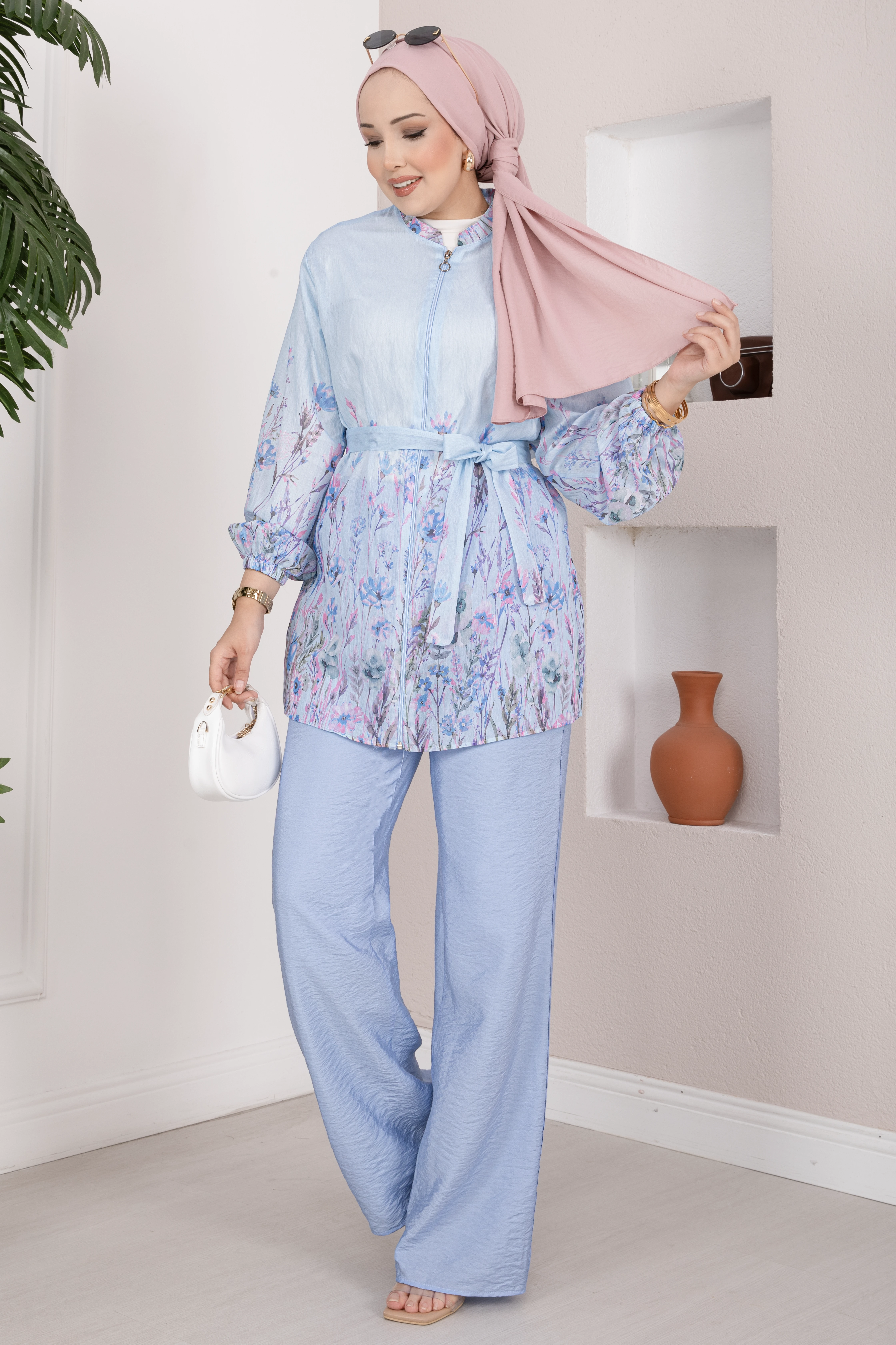 Efl - Çiçek Desen Kuşaklı Tunik Pantolon Takım Bebe Mavisi