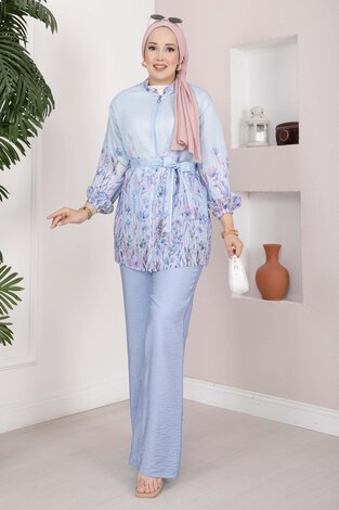 Çiçek Desen Kuşaklı Tunik Pantolon Takım Bebe Mavisi - 3