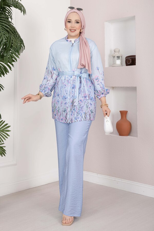 Çiçek Desen Kuşaklı Tunik Pantolon Takım Bebe Mavisi - 3