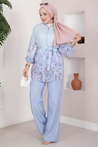Çiçek Desen Kuşaklı Tunik Pantolon Takım Bebe Mavisi